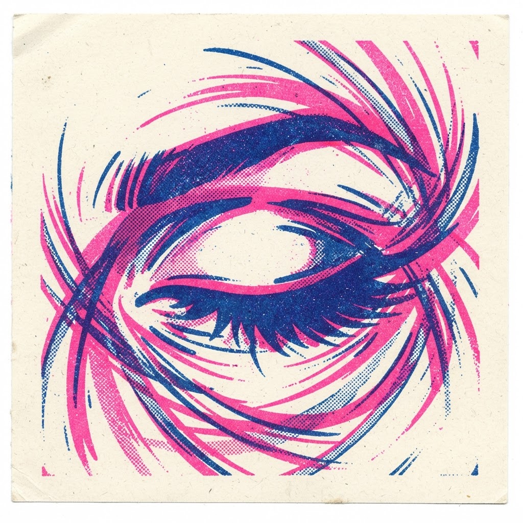 Risograph duotone print of a closed eye with rapid movement arcs, pink and blue overprint