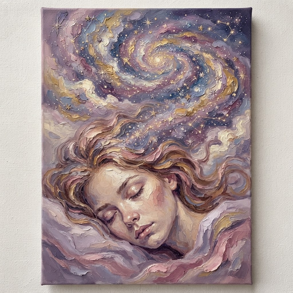 Impasto oil painting of a sleeping face dissolving into starry clouds, lavender and gold brushstrokes