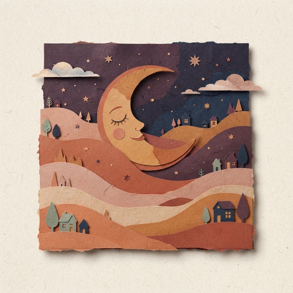 Papercut collage of a sleeping crescent moon over layered paper hills, terracotta and plum tones
