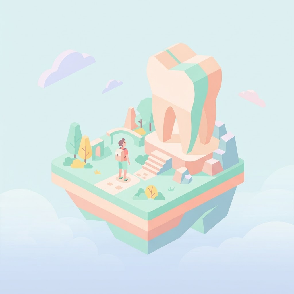 Isometric vector of a dreamer beside a monumental tooth-shaped sculpture on a floating island, pastel palette