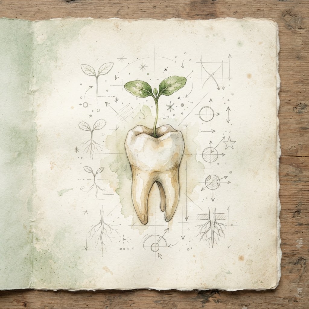 Botanical watercolor of a seedling sprouting from a tooth, vintage nature study style
