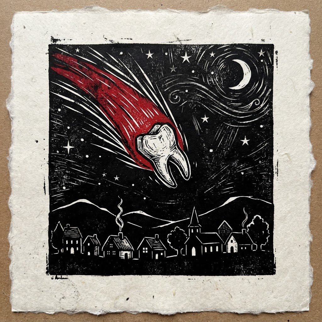 Woodcut print of a tooth falling like a shooting star over a sleeping village, black ink with red accent